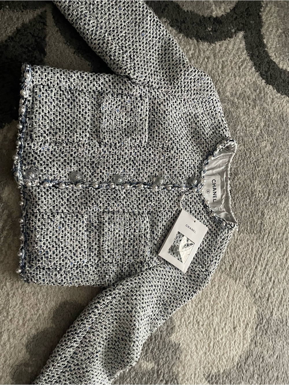 CHANEL Light Gray Bouclé Tweed Jacket with Braided Trim